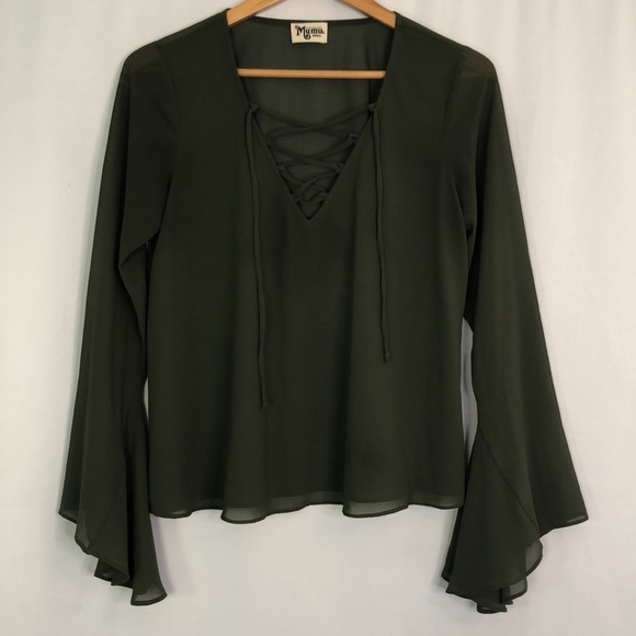 Show Me Your Mumu The Zuko Top Green Lace Up Bell Sleeve Size S - Picture 3 of 11